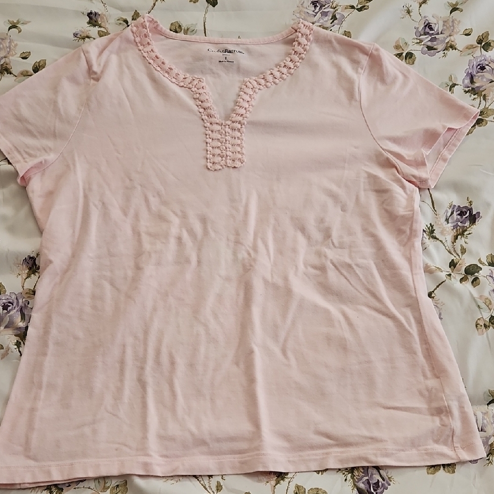 Croft & Barrow Pink Cotton Short-Sleeved Large Shirt With Knitted Collar Detail